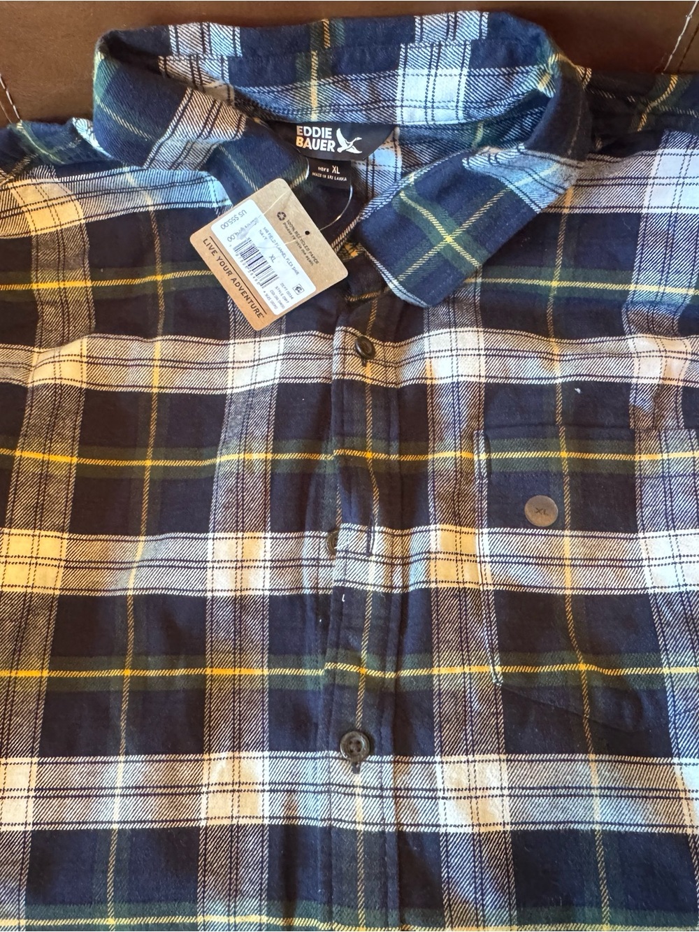 Eddie Bauer Navy Plaid Button-Down Shirt with Yellow Accents